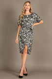 1313 Floral faux-wrap, knee-length, boat neck, waist tie, front slit.