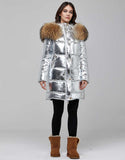 Silver Fur Trimmed Metallic Parka For Women