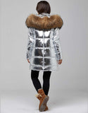 Silver Fur Trimmed Metallic Parka For Women