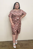 1313 Floral faux-wrap, knee-length, boat neck, waist tie, front slit.