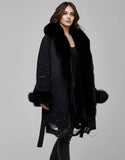 Black Fur Trimmed Canvas Parka For Women