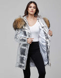 Silver Fur Trimmed Metallic Parka For Women
