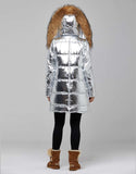 Silver Fur Trimmed Metallic Parka For Women