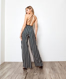 1248.High waist split leg pants, waist band, top waist tie.