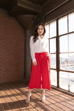1155.Cropped high waist pants, relaxed fit, pockets, wide legs