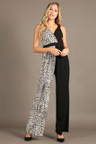 1292 Color block, sleeveless jumpsuit, v-neck, loose fit leg.