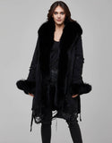 Black Fur Trimmed Canvas Parka For Women