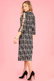 1279 Printed midi dress with ladder detailed 3/4 sleeves.