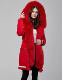 Red Fur Trimmed Bombers Parka For Women