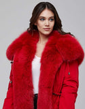 Red Fur Trimmed Bombers Parka For Women