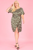 1313 Floral faux-wrap, knee-length, boat neck, waist tie, front slit.