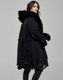 Black Fur Trimmed Canvas Parka For Women