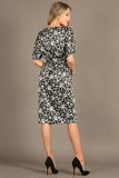 1313 Floral faux-wrap, knee-length, boat neck, waist tie, front slit.