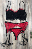 Red Eyelash Lace Spaghetti Strap Bralette Set with Garter Belt