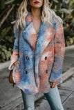 Winter Orange Blue Tie Dye Lapel Collar Open Front Fleece Coat
