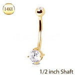 14Kt Yellow Gold 1/2" Navel Ring with Clear Round Prong Set CZ