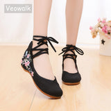 Veowalk Ankle Strap Women Canvas Embroidered Ballet Flats Ladies Comfort Cotton Ballerinas Woman Dance Shoes Vegan Muslem Shoes - ENSEIGNE DENIS