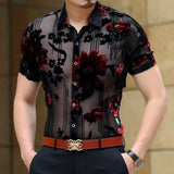 Men Club Party 2019 New DJ Prom Shirt Short Sleeve Chemise Homme Transparent Flower Velvet Shirt Men See Through Lace Shirt - ENSEIGNE DENIS