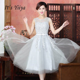 It's YiiYa Cocktail Dress Little Appliques Beading Pink Wedding Formal Dresses Flowers Illusion Knee Length Party Gown LX073-2