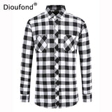 Dioufond Mens Pocket Flannel Plaid Cotton Shirt Long Sleeve Checkered Casual Slim Fit Black Warm Autumn Winter Shirts New