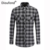 Dioufond Mens Pocket Flannel Plaid Cotton Shirt Long Sleeve Checkered Casual Slim Fit Black Warm Autumn Winter Shirts New
