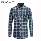 Dioufond Mens Pocket Flannel Plaid Cotton Shirt Long Sleeve Checkered Casual Slim Fit Black Warm Autumn Winter Shirts New