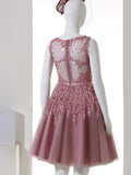 It's YiiYa Cocktail Dress Little Appliques Beading Pink Wedding Formal Dresses Flowers Illusion Knee Length Party Gown LX073-2