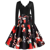 Black Big Swing Print Vintage Christmas Dress Women Winter Casual Long Sleeve V Neck Sexy New Year Party Dress Plus Size S~3XL