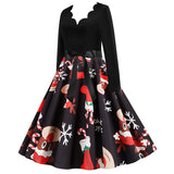 Black Big Swing Print Vintage Christmas Dress Women Winter Casual Long Sleeve V Neck Sexy New Year Party Dress Plus Size S~3XL