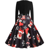 Black Big Swing Print Vintage Christmas Dress Women Winter Casual Long Sleeve V Neck Sexy New Year Party Dress Plus Size S~3XL