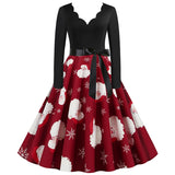 Black Big Swing Print Vintage Christmas Dress Women Winter Casual Long Sleeve V Neck Sexy New Year Party Dress Plus Size S~3XL