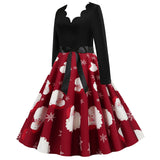 Black Big Swing Print Vintage Christmas Dress Women Winter Casual Long Sleeve V Neck Sexy New Year Party Dress Plus Size S~3XL