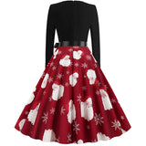 Black Big Swing Print Vintage Christmas Dress Women Winter Casual Long Sleeve V Neck Sexy New Year Party Dress Plus Size S~3XL