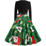 Black Big Swing Print Vintage Christmas Dress Women Winter Casual Long Sleeve V Neck Sexy New Year Party Dress Plus Size S~3XL