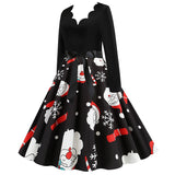Black Big Swing Print Vintage Christmas Dress Women Winter Casual Long Sleeve V Neck Sexy New Year Party Dress Plus Size S~3XL