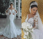 2020 New Illusion Long Sleeve Mermaid Wedding Dresses Pearls Beads Lace Sheer Neck See Through Bridal Gown Custom Made Plus Size - ENSEIGNE DENIS