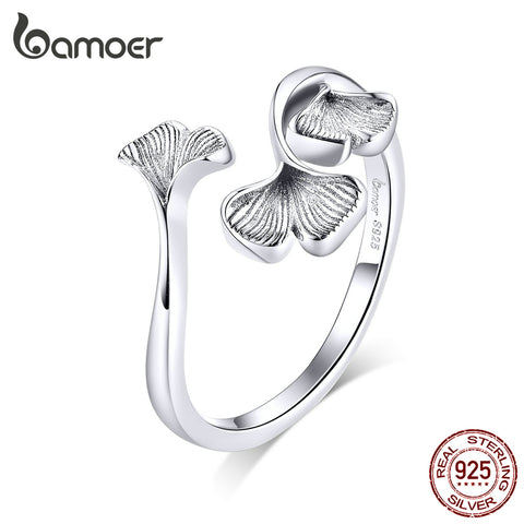 bamoer Silver 925 Design Ginkgo Leaf  Finger Rings for Women Vintage Bijoux 925 Sterling Silver Trendy Wedding Jewelry BSR097 - ENSEIGNE DENIS