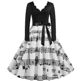 Black Big Swing Print Vintage Christmas Dress Women Winter Casual Long Sleeve V Neck Sexy New Year Party Dress Plus Size S~3XL
