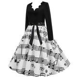 Black Big Swing Print Vintage Christmas Dress Women Winter Casual Long Sleeve V Neck Sexy New Year Party Dress Plus Size S~3XL