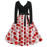 Black Big Swing Print Vintage Christmas Dress Women Winter Casual Long Sleeve V Neck Sexy New Year Party Dress Plus Size S~3XL