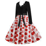 Black Big Swing Print Vintage Christmas Dress Women Winter Casual Long Sleeve V Neck Sexy New Year Party Dress Plus Size S~3XL