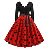 Black Big Swing Print Vintage Christmas Dress Women Winter Casual Long Sleeve V Neck Sexy New Year Party Dress Plus Size S~3XL