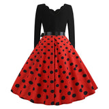 Black Big Swing Print Vintage Christmas Dress Women Winter Casual Long Sleeve V Neck Sexy New Year Party Dress Plus Size S~3XL