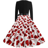 Black Big Swing Print Vintage Christmas Dress Women Winter Casual Long Sleeve V Neck Sexy New Year Party Dress Plus Size S~3XL