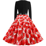 Black Big Swing Print Vintage Christmas Dress Women Winter Casual Long Sleeve V Neck Sexy New Year Party Dress Plus Size S~3XL