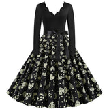 Black Big Swing Print Vintage Christmas Dress Women Winter Casual Long Sleeve V Neck Sexy New Year Party Dress Plus Size S~3XL