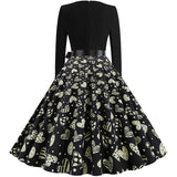 Black Big Swing Print Vintage Christmas Dress Women Winter Casual Long Sleeve V Neck Sexy New Year Party Dress Plus Size S~3XL
