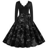 Black Big Swing Print Vintage Christmas Dress Women Winter Casual Long Sleeve V Neck Sexy New Year Party Dress Plus Size S~3XL