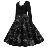 Black Big Swing Print Vintage Christmas Dress Women Winter Casual Long Sleeve V Neck Sexy New Year Party Dress Plus Size S~3XL