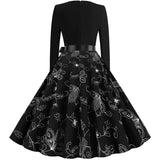 Black Big Swing Print Vintage Christmas Dress Women Winter Casual Long Sleeve V Neck Sexy New Year Party Dress Plus Size S~3XL
